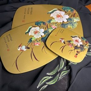 VTG Set of 3 Metal and Cork backed China scroll and Bird motif Coasters.